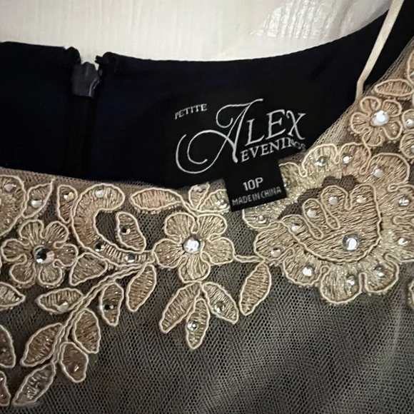 Alex Evenings/women’s NWT Embroidered Illusion-Yoke Navy and Cream Lace Gown - Picture 5 of 11